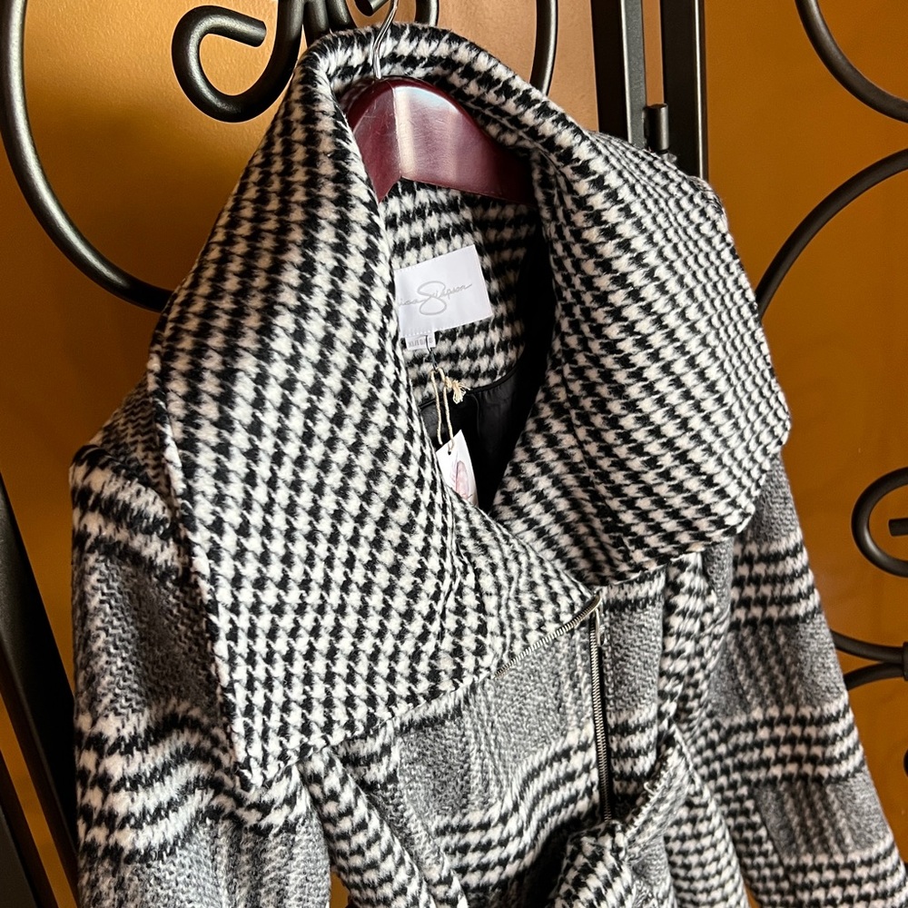 JESSICA SIMPSON Checker Plaid Wool Wrap Zipper Coat - Picture 6 of 16